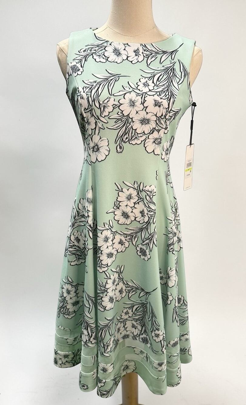 Calvin Klein Floral Fit Flare Dress Womens 4P Petite Mint Green Sleeveless